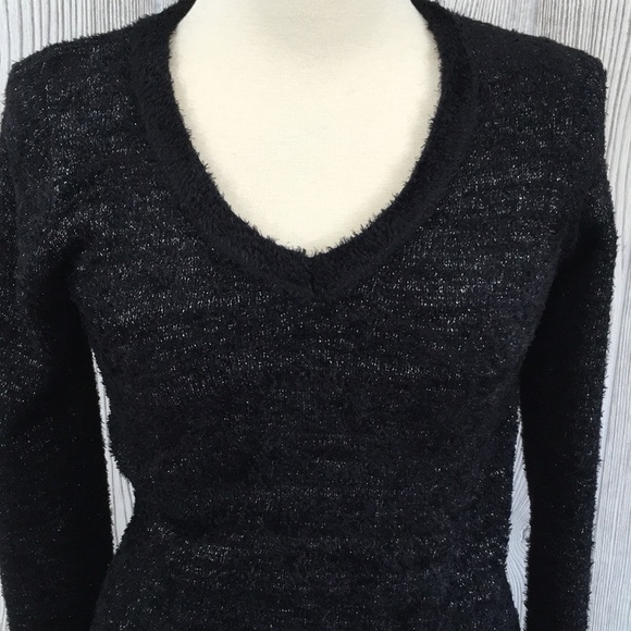 NY collection black metallic silver fuzzy vneck sweater small - Picture 2 of 11